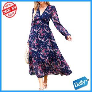 V-Neck Long Sleeve Maxi Dress Wrap Floral Chiffon Wedding Guest Party